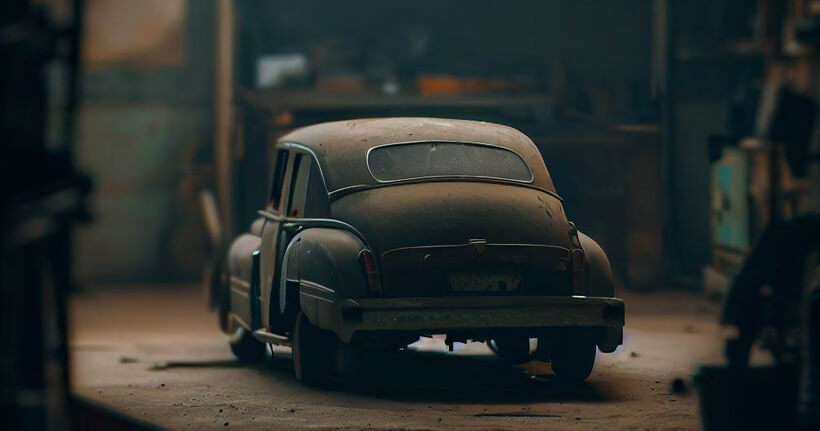 an old car sitting in a garage